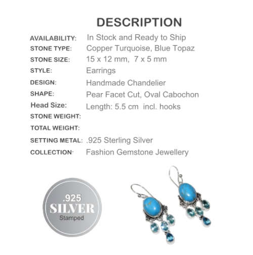 Copper Turquoise, Blue Topaz Gemstone . 925 Silver Earrings