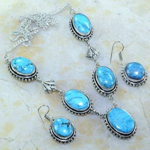 NATURAL TURQUOISE GEMSTONE .925 STERLING SILVER NECKLACE & EARRINGS SET