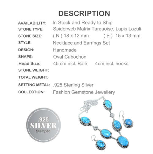 NATURAL TURQUOISE GEMSTONE .925 STERLING SILVER NECKLACE & EARRINGS SET