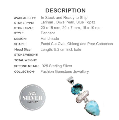 NATURAL CARIBBEAN BLUE LARIMAR, BIWA PEARL, BLUE TOPAZ .925 STERLING SILVER PENDANT