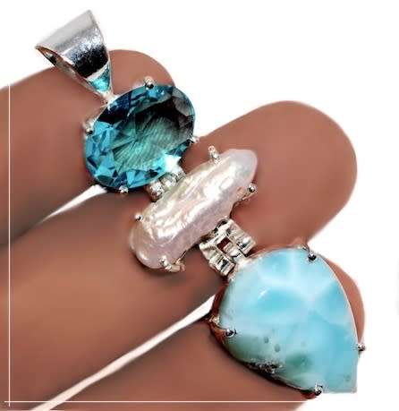 NATURAL CARIBBEAN BLUE LARIMAR, BIWA PEARL, BLUE TOPAZ .925 STERLING SILVER PENDANT