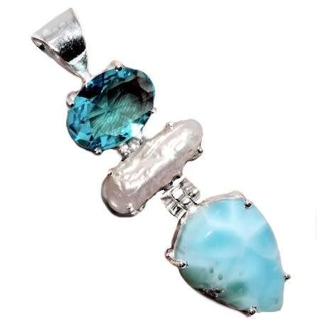 NATURAL CARIBBEAN BLUE LARIMAR, BIWA PEARL, BLUE TOPAZ .925 STERLING SILVER PENDANT