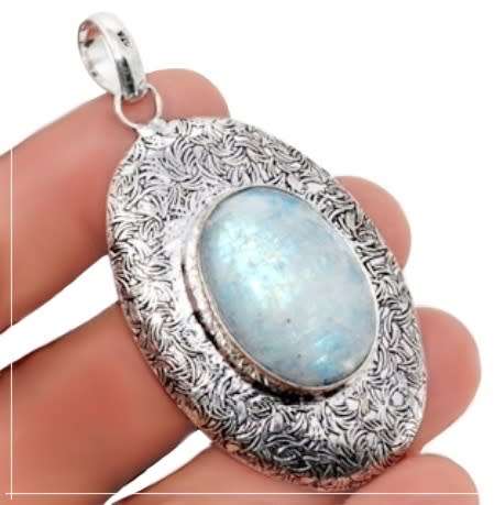 Rainbow Moonstone Simulated Oval Cab in Embossed .925 Sterling Silver Plated Handmade Pendant