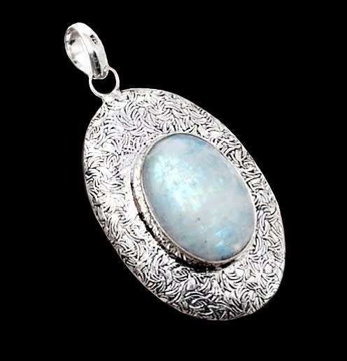 Rainbow Moonstone Simulated Oval Cab in Embossed .925 Sterling Silver Plated Handmade Pendant
