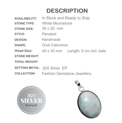 AQUA WHITE MOONSTONE OVAL CABOCHON  .925 SILVER PENDANT