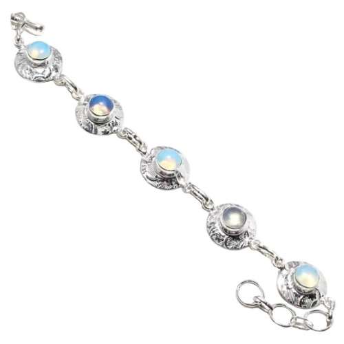 Dainty Fiery Opalite Round Gems set in .925 Sterling Silver Plated Textured Metal Bracelet