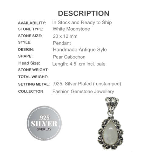 WHITE MOONSTONE OVAL CABOCHON  .925 SILVER PENDANT