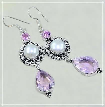 Handmade Antique Style White River Pearl, Pink Topaz Gemstone .925 Sterling Silver Plated Earrings