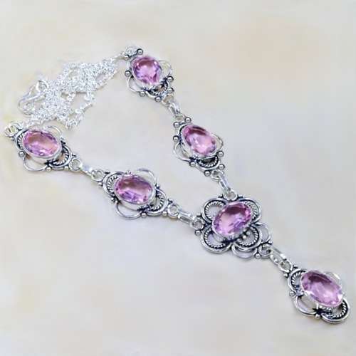 Handmade Pink Topaz Ovals set in .925 Sterling Silver Plated Antique Style Necklace