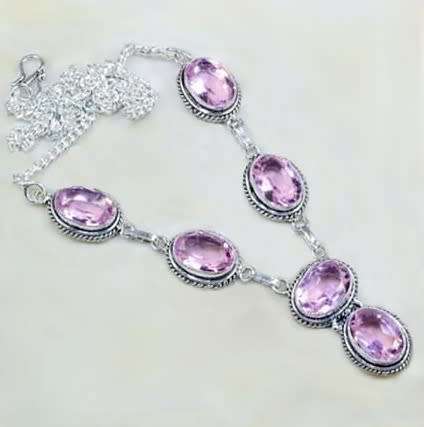 Pink Topaz Facet Cut Ovals set in 925 Sterling Silver Plated Handmade Necklace