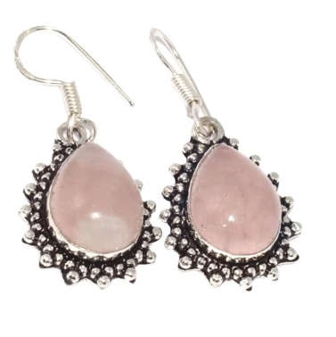 Natural Rose Quartz Pear Shape Gemstone .925 Sterling Silver Plated Antique Style Earrings