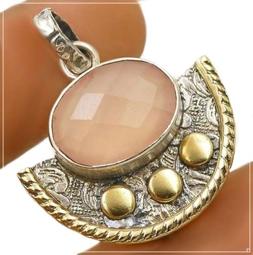 Two Tone Natural Rose Quartz Gemstone set in Solid. 925 Sterling Silver Pendant