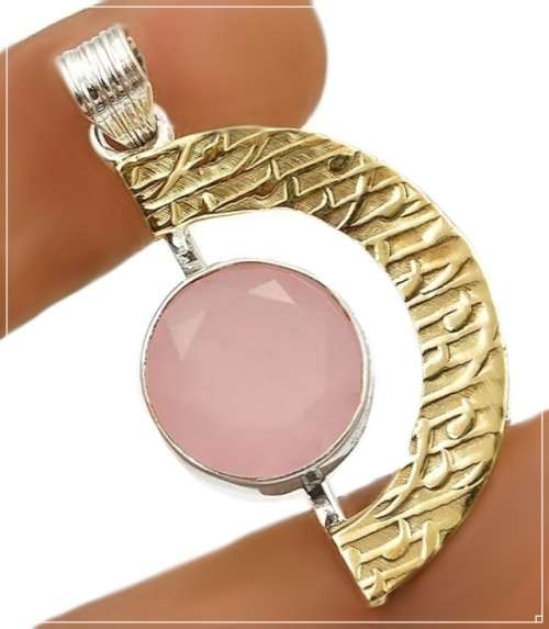 Two Tone Natural Rose Quartz Gemstone set in Solid. 925 Sterling Silver Pendant