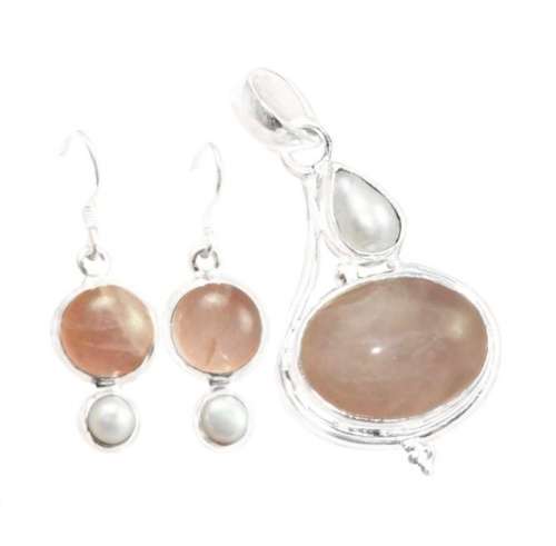 NATURAL PINK ROSE QUARTZ, PEARL  SOLID.925 STERLING SILVER EARRINGS