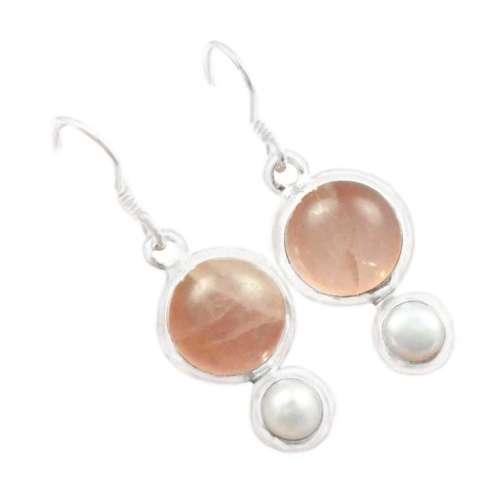 NATURAL PINK ROSE QUARTZ, PEARL  SOLID.925 STERLING SILVER EARRINGS
