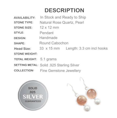 NATURAL PINK ROSE QUARTZ, PEARL  SOLID.925 STERLING SILVER EARRINGS