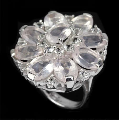 Natural Rose Quartz, Cubic Zirconia in Solid. 925 Sterling Silver 14K W/Gold Ring Size 4.5 or I 1/2