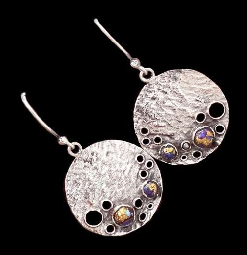 Israeli Natural Copper Purple Turquoise, Solid .925 Sterling Silver Earrings