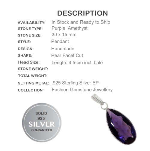 EXQUISITE PURPLE AMETHYST GEMSTONE 925 SILVER PENDANT