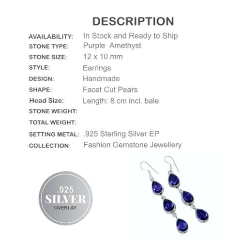 NATURAL PURPLE AMETHYST DANGLE .925  SILVER EARRINGS
