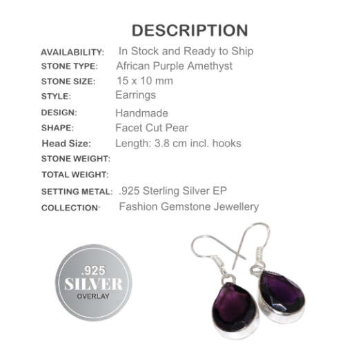 ELEGANT AFRICAN PURPLE AMETHYST DANGLE .925  SILVER EARRINGS