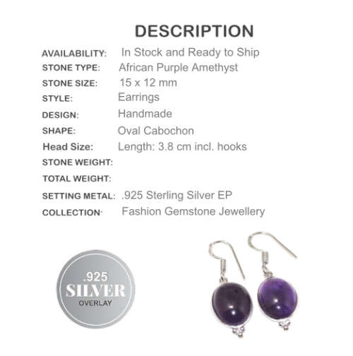 African Purple Amethyst Dangle .925 Silver Earrings