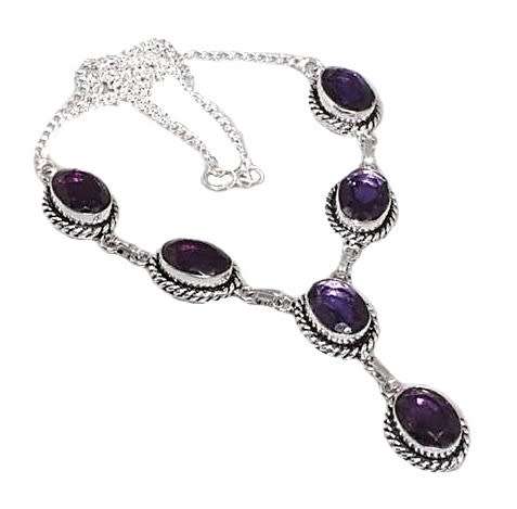 Purple Amethyst Ovals set in .925 Sterling Silver Plated Handmade Antique Style Necklace