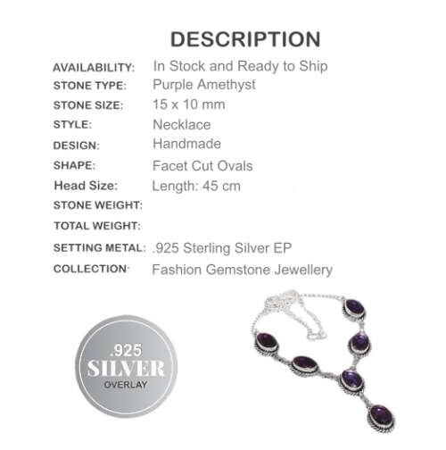 Purple Amethyst Ovals set in .925 Sterling Silver Plated Handmade Antique Style Necklace
