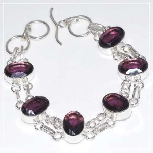 Purple Amethyst Faceted Ovals set in .925 Sterling Silver Plated Adjustable Bracelet