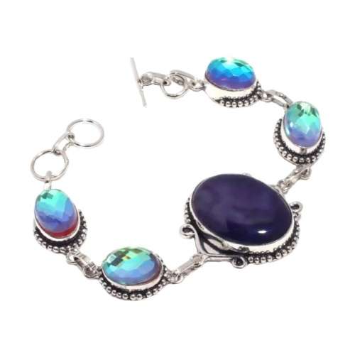Natural Solar Agate, Rainbow Topaz Gemstone .925 Silver Bracelet