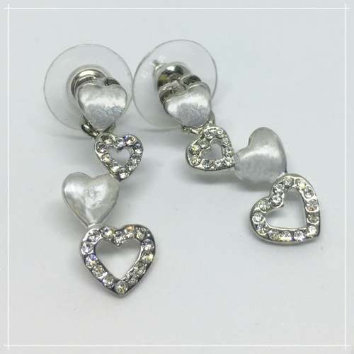 Long Dangle Heart Shapes White Cubic Zirconia Silver Plated Stud Earrings