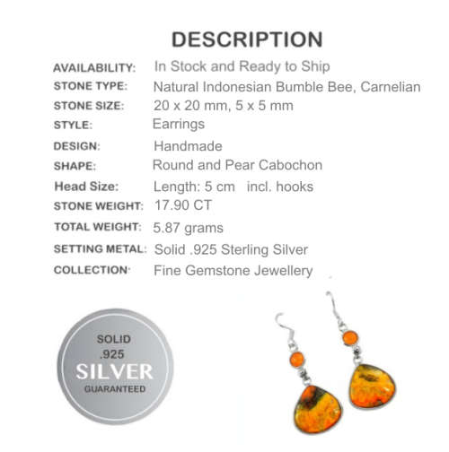 Natural Indonesian Bumble Bee Jasper and Carnelian set in  Solid .925 Sterling Silver Earrings
