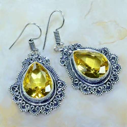 Faceted Citrine Pear Shape Gemstone set in .925 Sterling Silver Plated antique Style Earrings