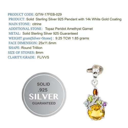 DAINTY NATURAL SUNNY CITRINE, GARNET, PERIDOT, TOPAZ, AMETHYST SOLID .925 STERLING SILVER PENDANT