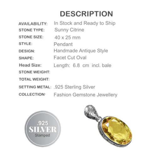 SUNNY CITRINE OVAL GEMSTONE PENDANT .925 STERLING  SILVER