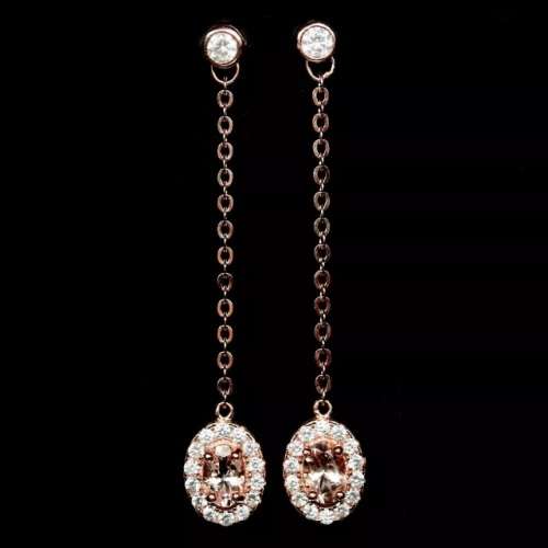 DELUXE ROSE GOLD  NATURAL MORGANITE WHITE CUBIC ZIRCONIA  .SOLID 925 STERLING SILVER  EARRINGS