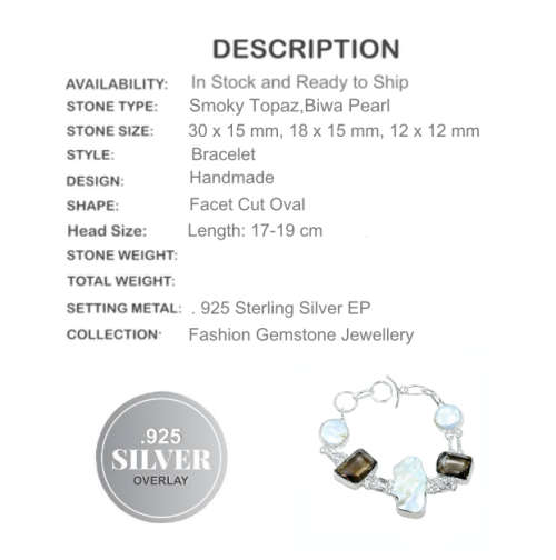 Smoky Topaz and Biwa Pearl Gemstones set in .925 Sterling Silver Plated Handmade Bracelet