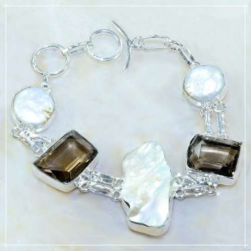 Smoky Topaz and Biwa Pearl Gemstones set in .925 Sterling Silver Plated Handmade Bracelet