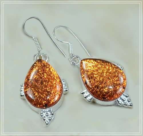 Coppery Tone Dichroic Glass Gemstones .925  Sterling Silver Plated Earrings