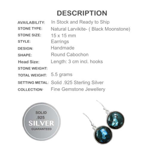 Natural Larvikite -Black Moonstone Cabochon Gemstone set in Solid .925 Sterling Silver Earrings