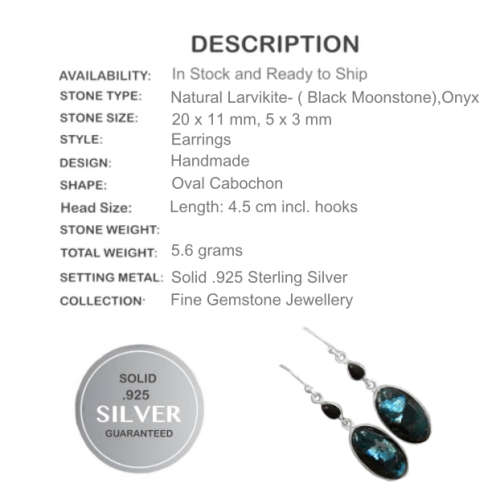Natural Norwegian Larvikite -Black Moonstone, Black Onyx in Solid .925 Sterling Silver Earrings