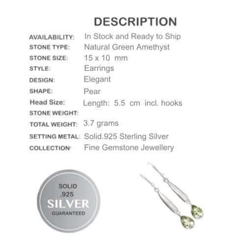 3.7 Gms Natural Green Amethyst Gemstone .925 Silver Long Earrings