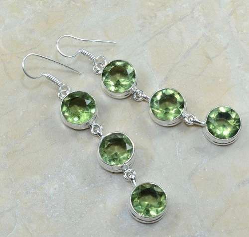 Green Amethyst Round Gemstones set in .925 Sterling Silver Plated Long Handmade Earrings