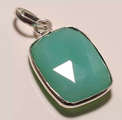 Aqua Green Chalcedony Rectangle Gemstone set in .925 Sterling Silver Handmade Pendant