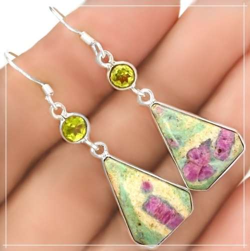 Enchanting Natural Ruby in Fuschite, Peridot Set in Solid .925 Sterling Silver Earrings