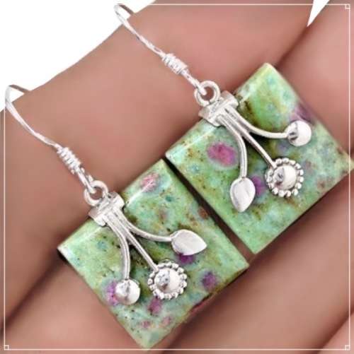 Indonesian Bali Natural Ruby in Fuschite  Square Gemstone Set in Solid .925 Sterling Silver Earrings