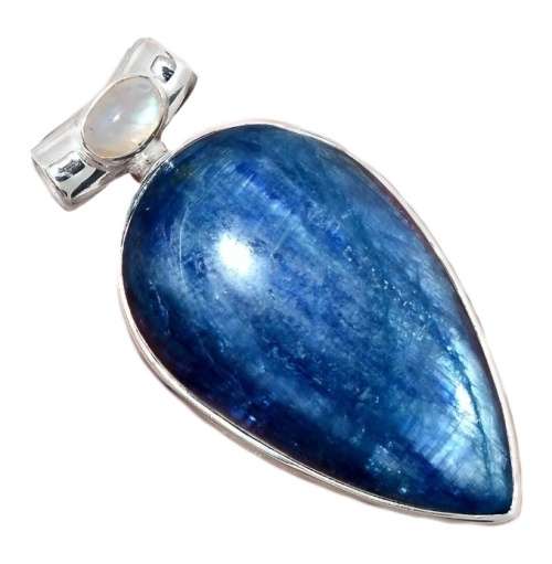 Natural Kyanite, Rainbow Moonstone Gemstone .925 Sterling Silver Kyanite Pendant