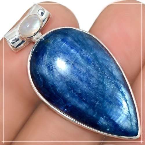 Natural Kyanite Pear & Rainbow Moonstone Gemstone set in. Solid 925 Sterling Silver Kyanite Pendant