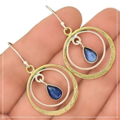 Two Tone Natural Kyanite Gemstone set in Solid .925 Sterling Silver Drop Dangle Earrings