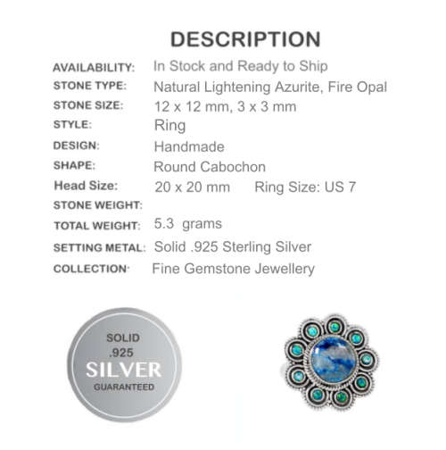 BREATHTAKING STONE NATURAL LIGHTNING AZURITE IN QUARTZ,FIRE OPAL SOLID .925 STERLING  RING SIZE 7